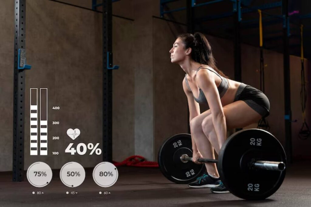 A woman performs a deadlift in a gym, focusing on her form while lifting a barbell loaded with weights. Fitness data is displayed.