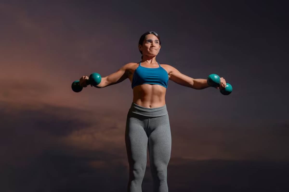 A fit individual exercises outdoors at dusk, holding teal dumbbells with arms extended, wearing a blue sports bra and gray leggings.