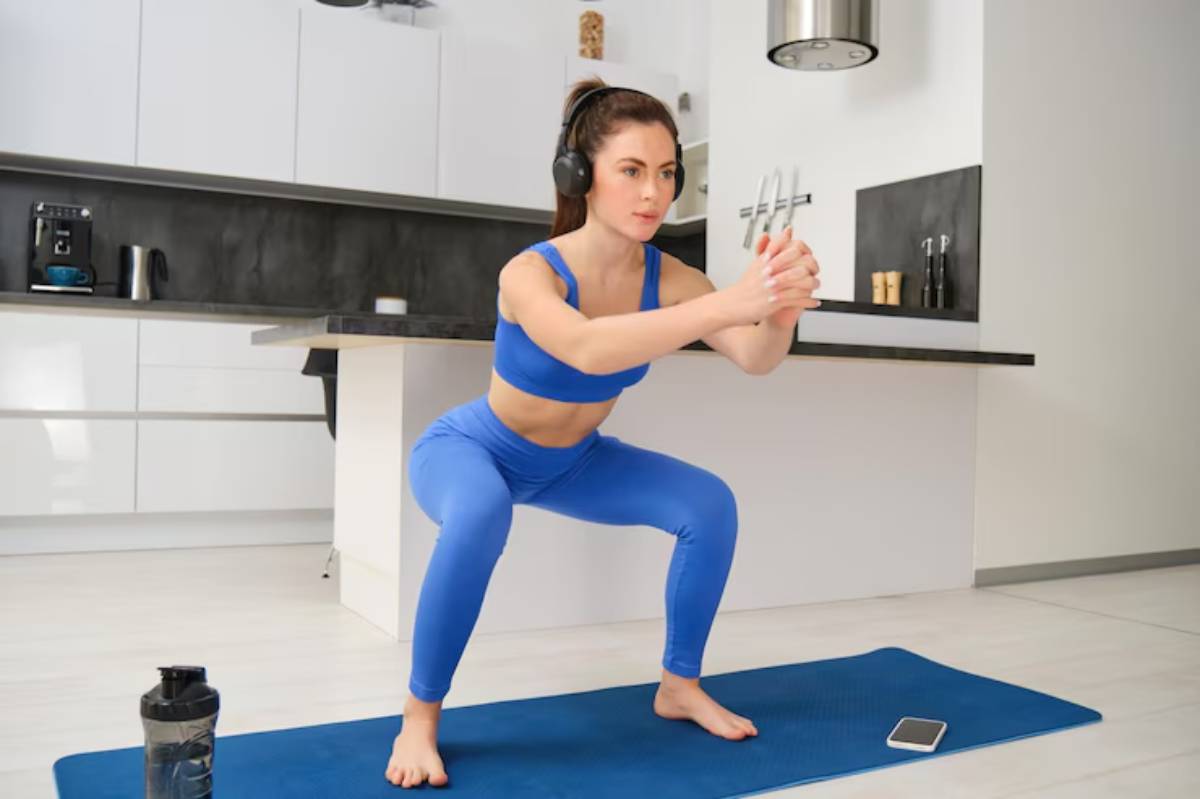 A person in blue activewear performs a squat on a yoga mat, with a water bottle and smartphone nearby in a modern kitchen.