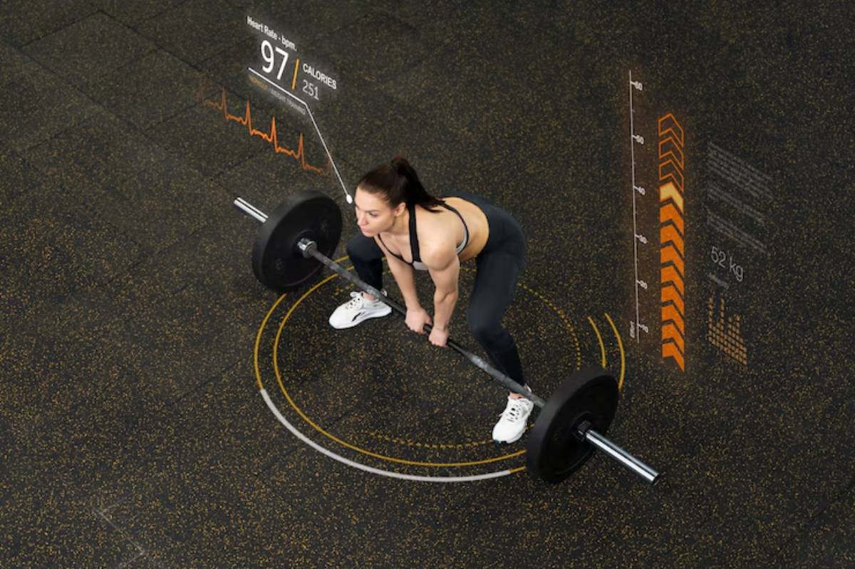 A person is performing a deadlift in a gym, with stats displayed: heart rate 97 bpm, calories burned 251, and weight 52 kg.