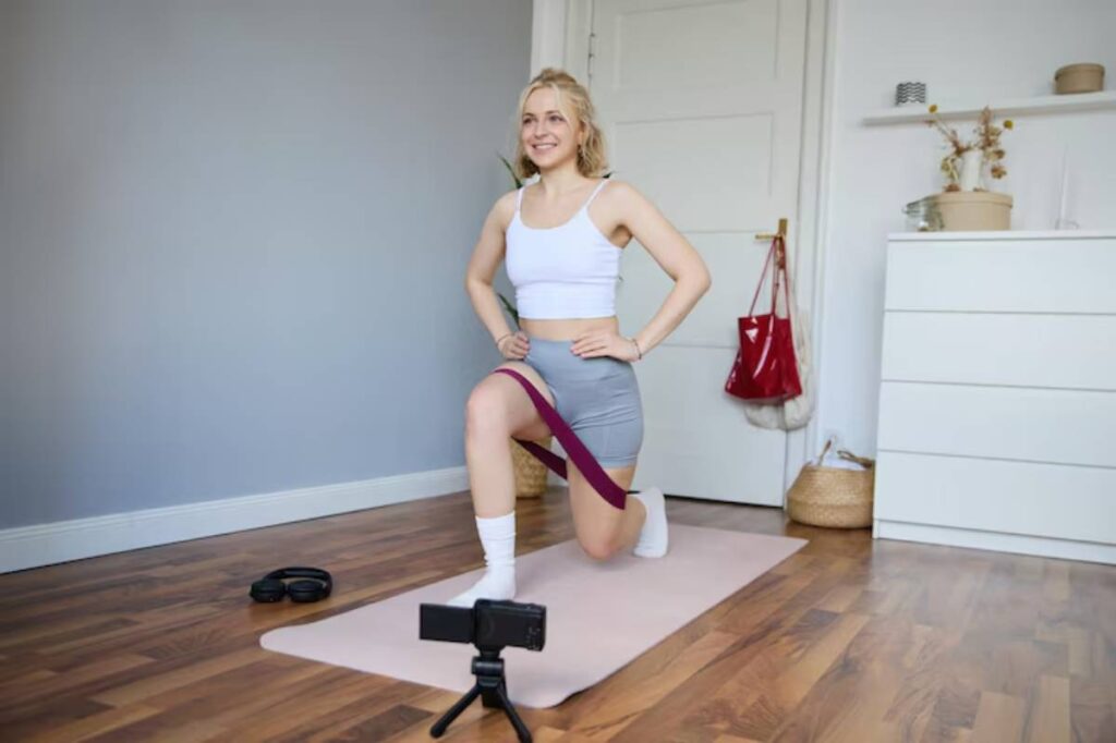 A person in athletic wear performs a lunge with a resistance band in a stylish, minimalist home gym setting.