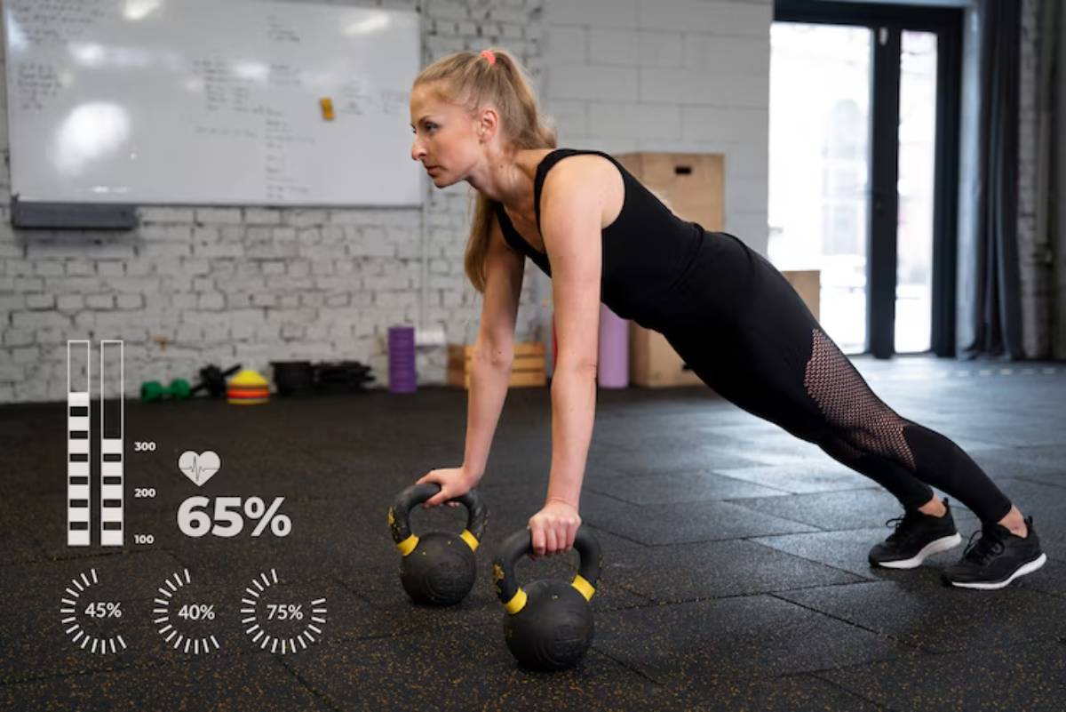 A person performs push-ups using kettlebells in a gym, with fitness metrics displayed on the left.