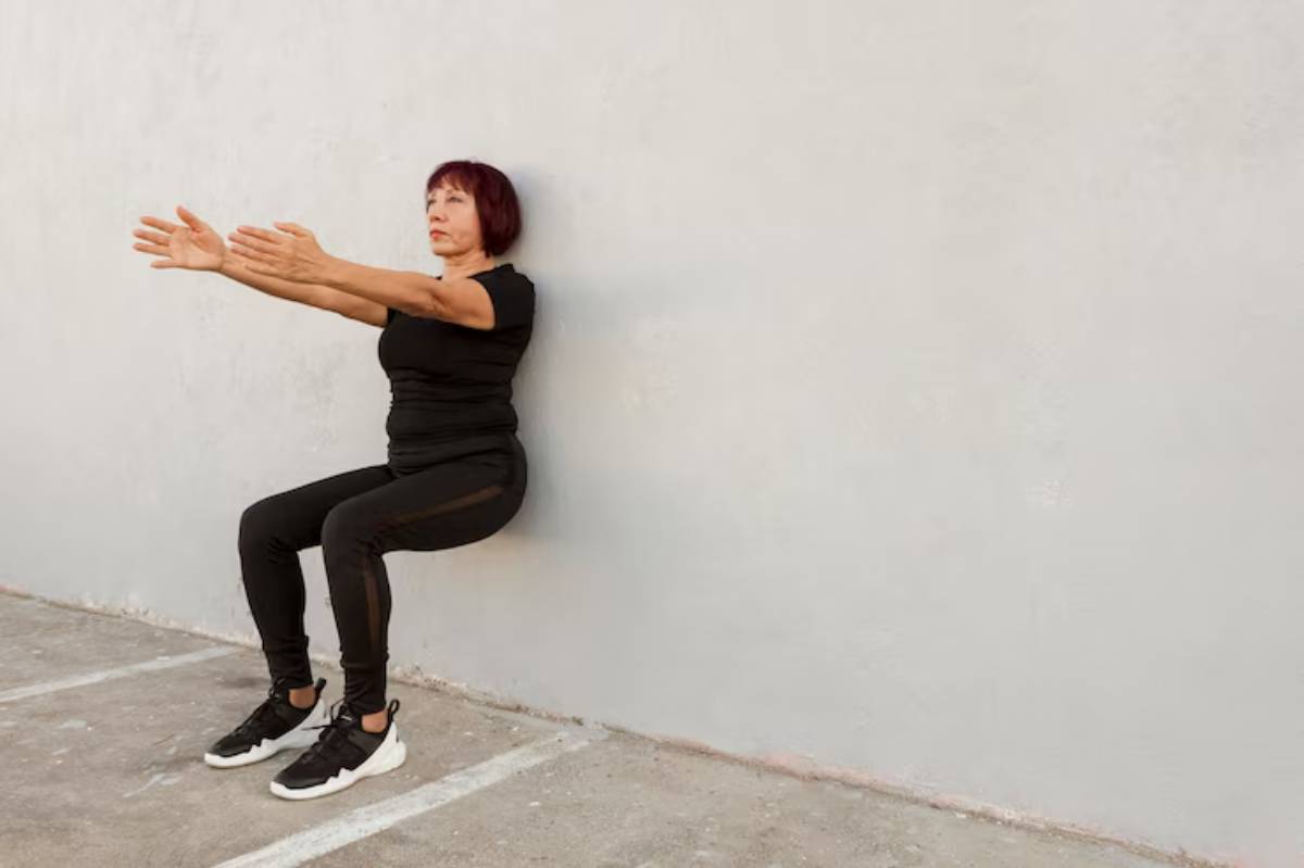A person in black athletic wear performs a wall sit exercise with arms extended, against a light gray wall.