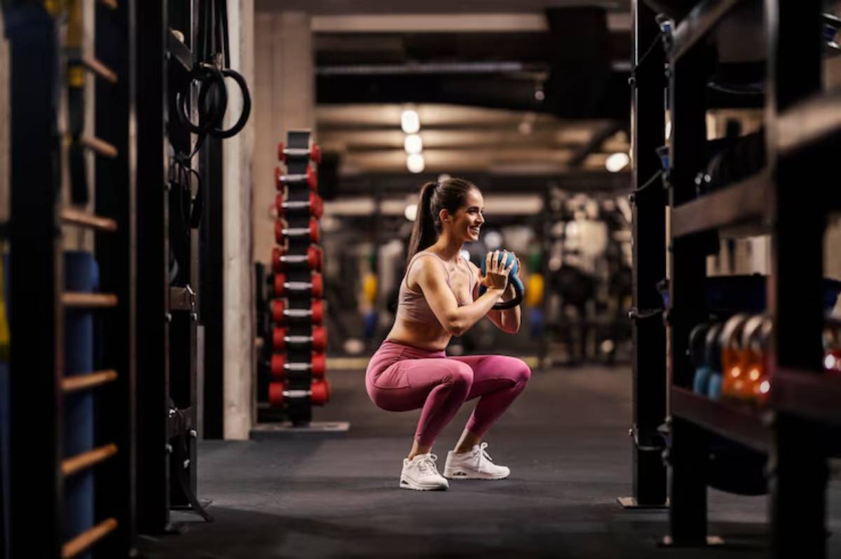 A person performs a kettlebell squat in a gym, surrounded by weights and exercise equipment, emphasizing strength training.